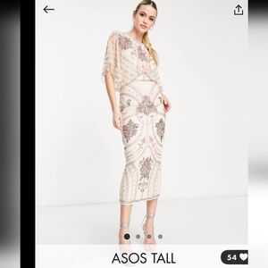 ASOS Tall blouson midi dress with art nouveau embellishment in cream Sz 14 /XL